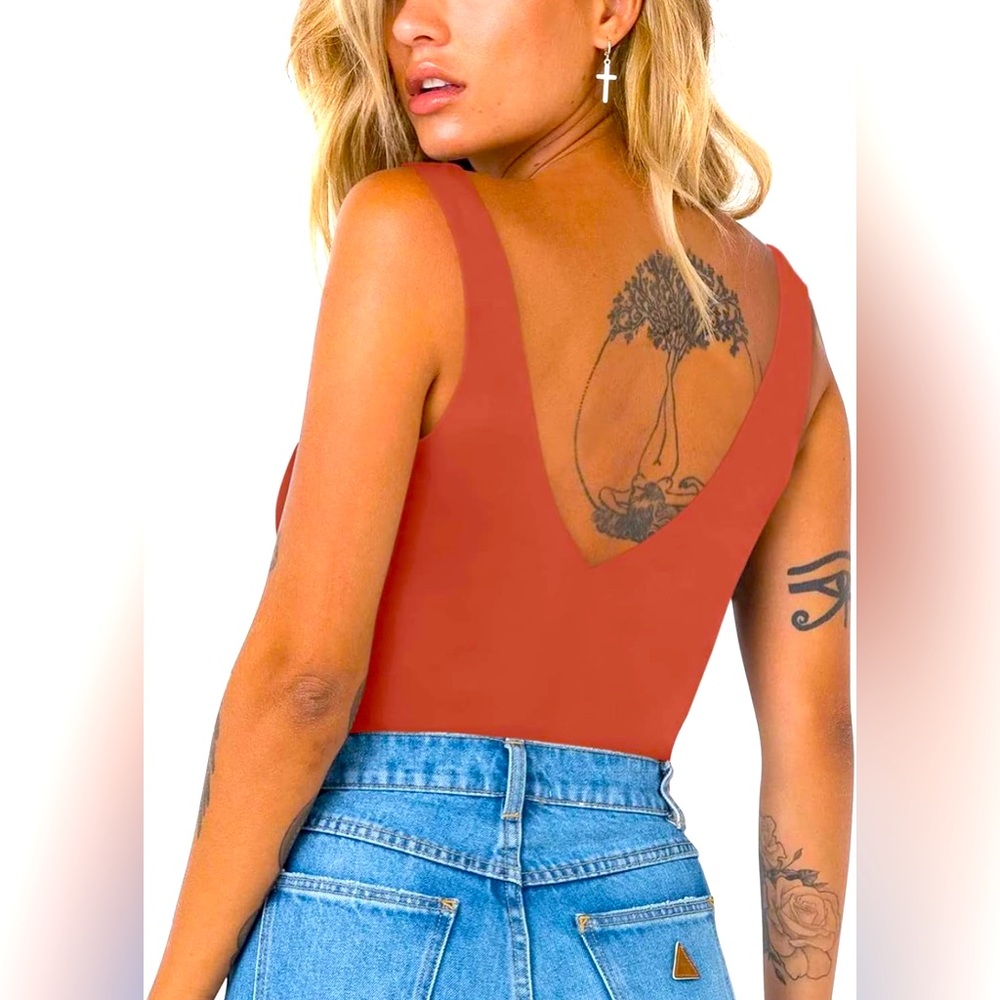 REORIA  Plunge Deep V Neck Sleeveless V Backless Going Out Tank Bodysuits Tops - Picture 2 of 8